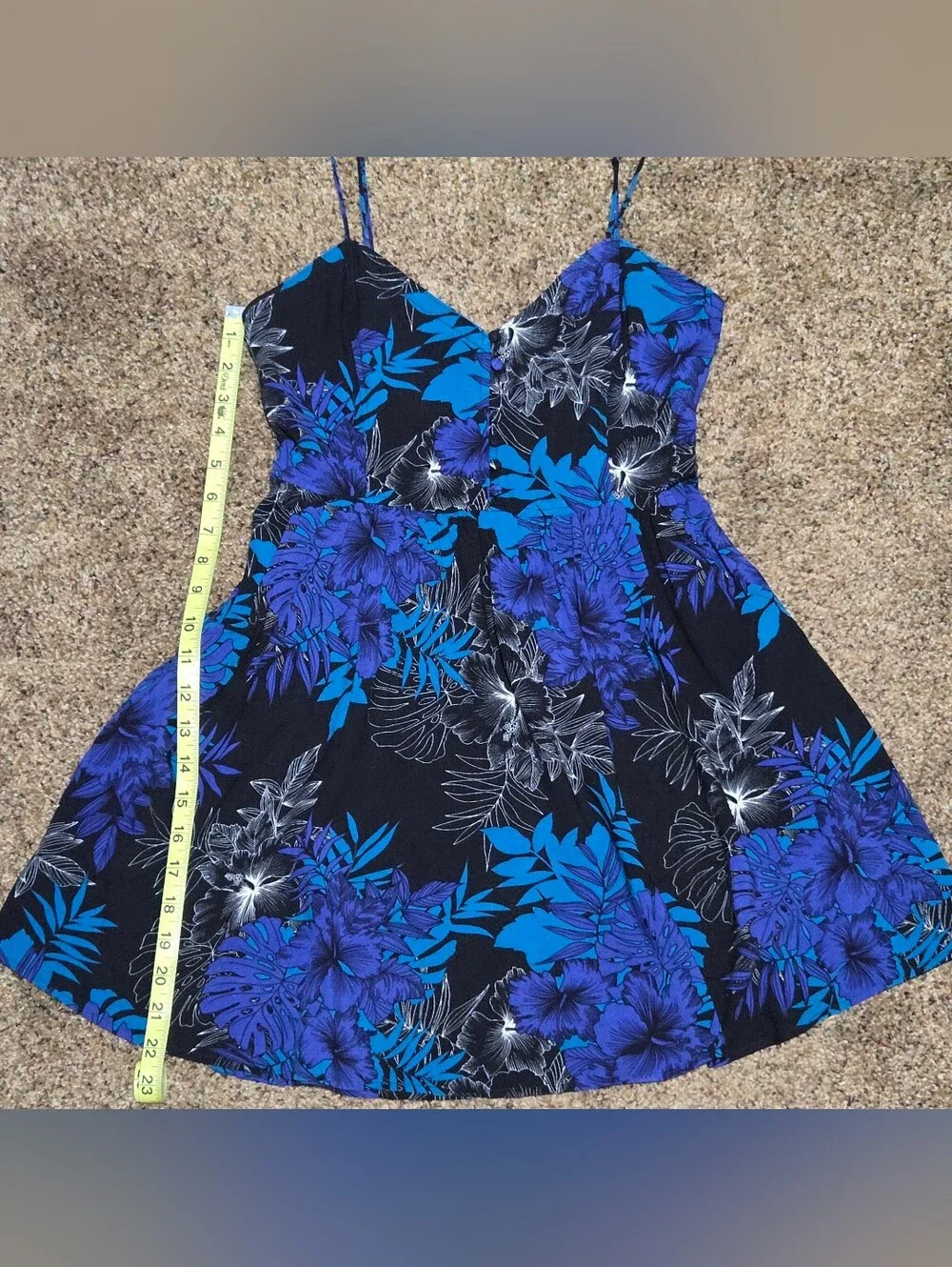 Express Womens Black Blue Purple Floral Tropical Print Mini Dress Pockets Sz XS
